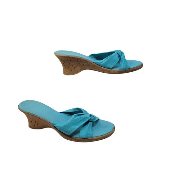 Vtg Vegan Handmade Italian Wedge Sandals Sz 10‎ Aqua Knotted Open Toe Resort - Picture 6 of 11